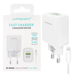 Cargador USB-A 18W/3.0A Cable Lightning APOKIN PC883Y - Blanco