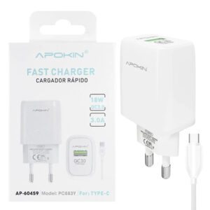 Cargador USB-A 18W/3.0A Cable Tipo-C APOKIN PC883Y - Blanco