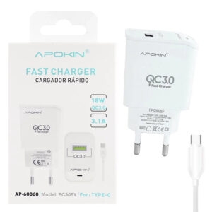 Cargador USB-A 18W/3.1A Cable Tipo-C APOKIN PC883Y - Blanco