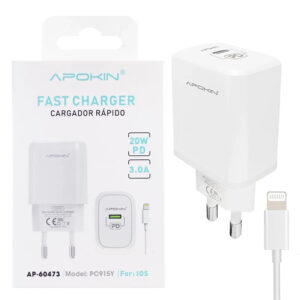 Cargador USB-C 20W/3.0A Cable Lightning APOKIN PC915Y - Blanco